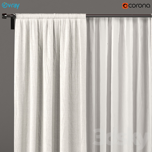 White curtains with white tulle. 3DS Max Model - thumbnail 2