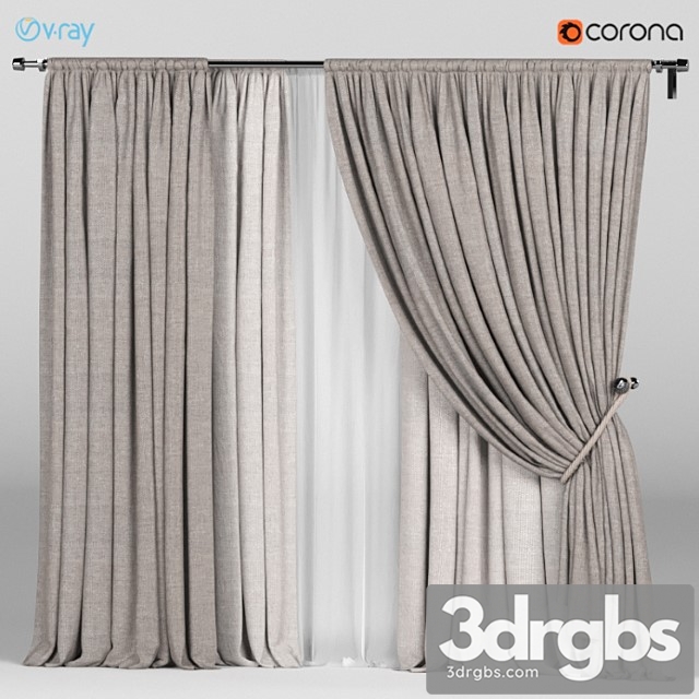 Wide brown curtains with a garter on a rope + white tulle. 3dsmax Download - thumbnail 1