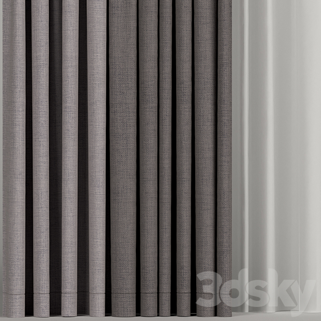 Wide brown curtains with tulle. 3DS Max Model - thumbnail 2