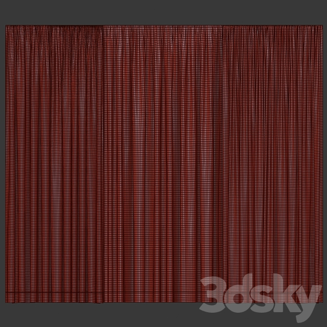 Wide brown curtains with tulle. 3DS Max Model - thumbnail 3