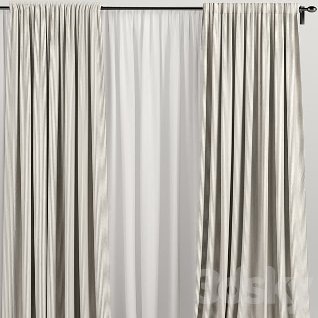 Wide brown curtains with tulle. 3DS Max Model - thumbnail 2