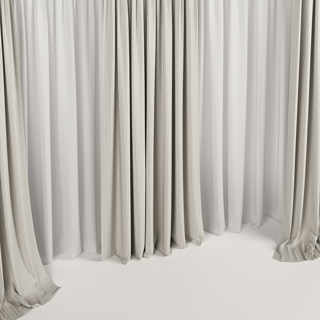 Wide brown curtains with tulle. 3DS Max Model - thumbnail 3