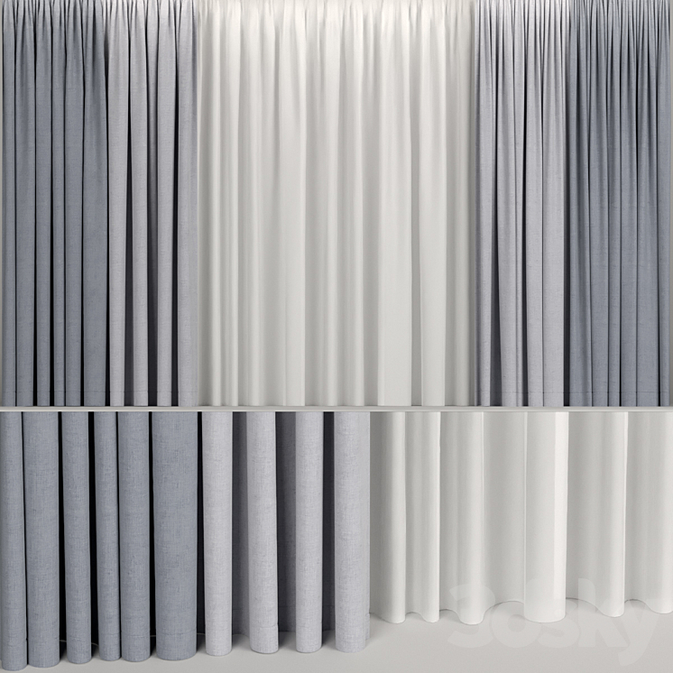 Wide curtains in two colors with tulle. 3DS Max - thumbnail 1