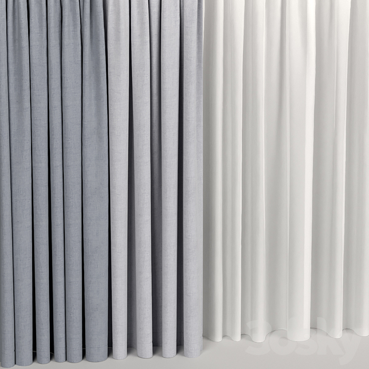 Wide curtains in two colors with tulle. 3DS Max - thumbnail 2