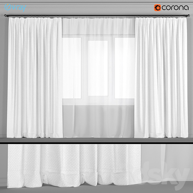 Wide white curtains with tulle. 3DSMax File - thumbnail 1