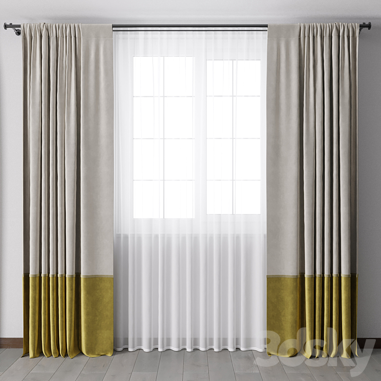 yellow Curtains with metal curtain rod 07 3DS Max Model - thumbnail 1