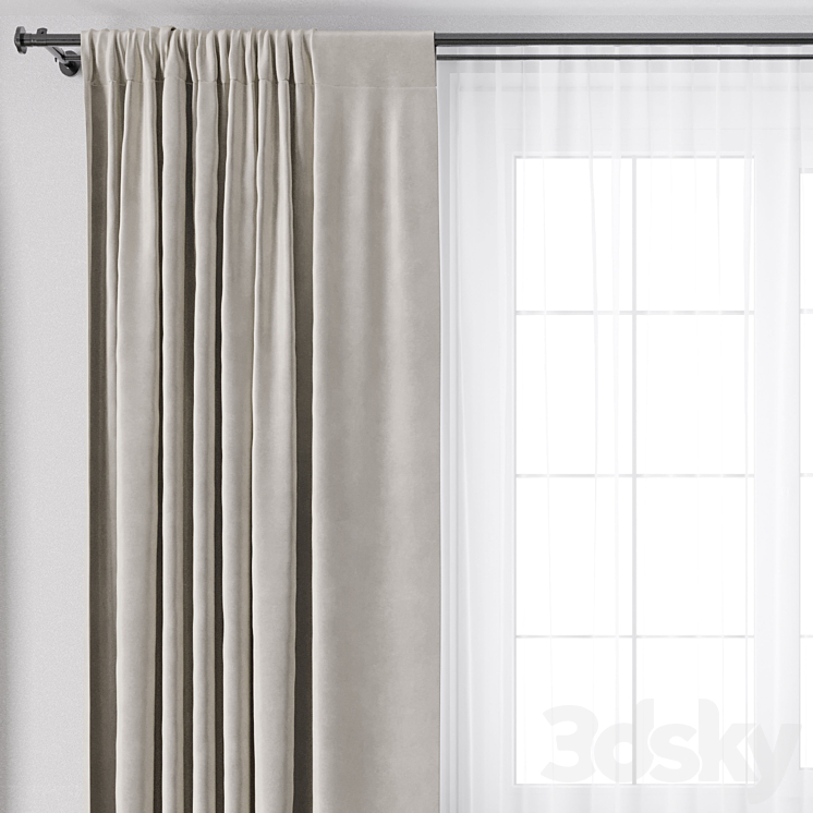 yellow Curtains with metal curtain rod 07 3DS Max Model - thumbnail 2