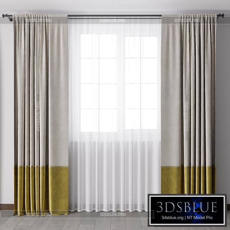 yellow Curtains with metal curtain rod 07 3DS Max - thumbnail 3