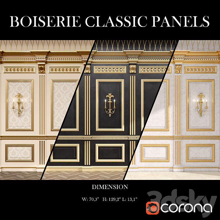 Boiserie classic panels and Decorative Crafts Wood Sconce – 1850 3DS Max - thumbnail 1