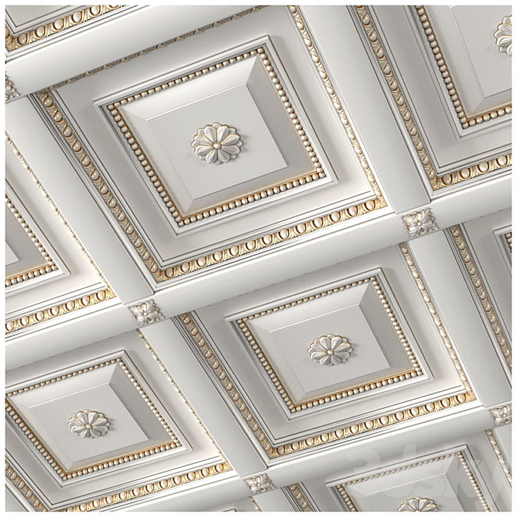 Classic coffered ceiling with gilding. Coffers Tile 3DS Max - thumbnail 2