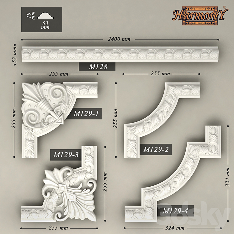 Molding ornamental corner pieces "Harmony" (M128) 3DS Max - thumbnail 1