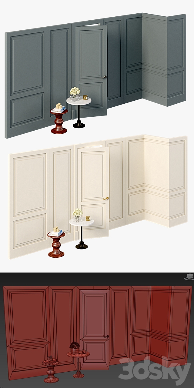 Wall molding. Boiserie classic panels with door 3DS Max Model - thumbnail 3