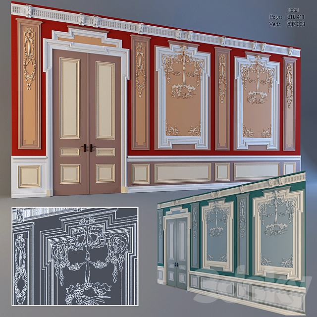 Wall with mouldings and door 3DS Max Model - thumbnail 1