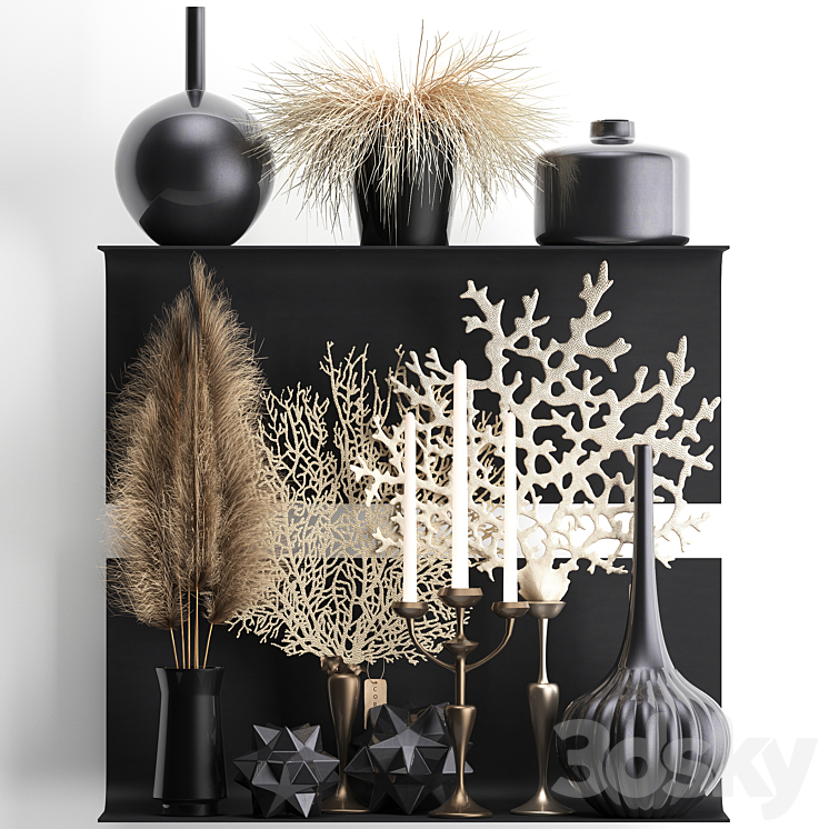 A collection of bouquets of dried flowers in vases on a black metal shelf with pampas coral Cortaderia candlestick. Set 12. 3DS Max Model - thumbnail 1