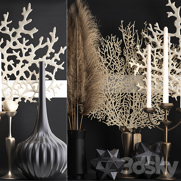 A collection of bouquets of dried flowers in vases on a black metal shelf with pampas coral Cortaderia candlestick. Set 12. 3DS Max Model - thumbnail 2