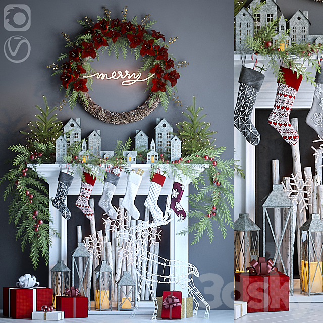 Artificial fireplace with Christmas decor 3 3DSMax File - thumbnail 1