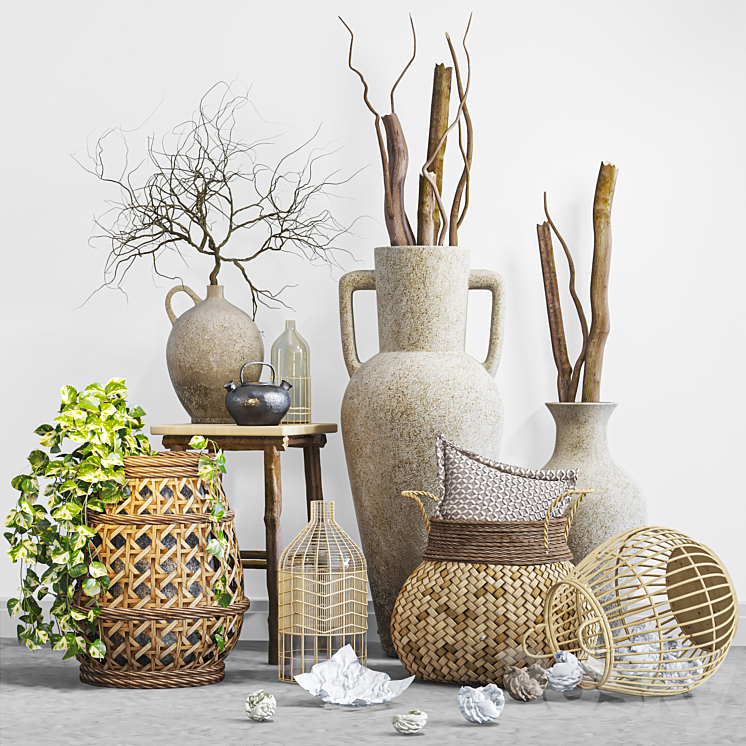 boho set with woven bamboo baskets 3DS Max Model - thumbnail 1