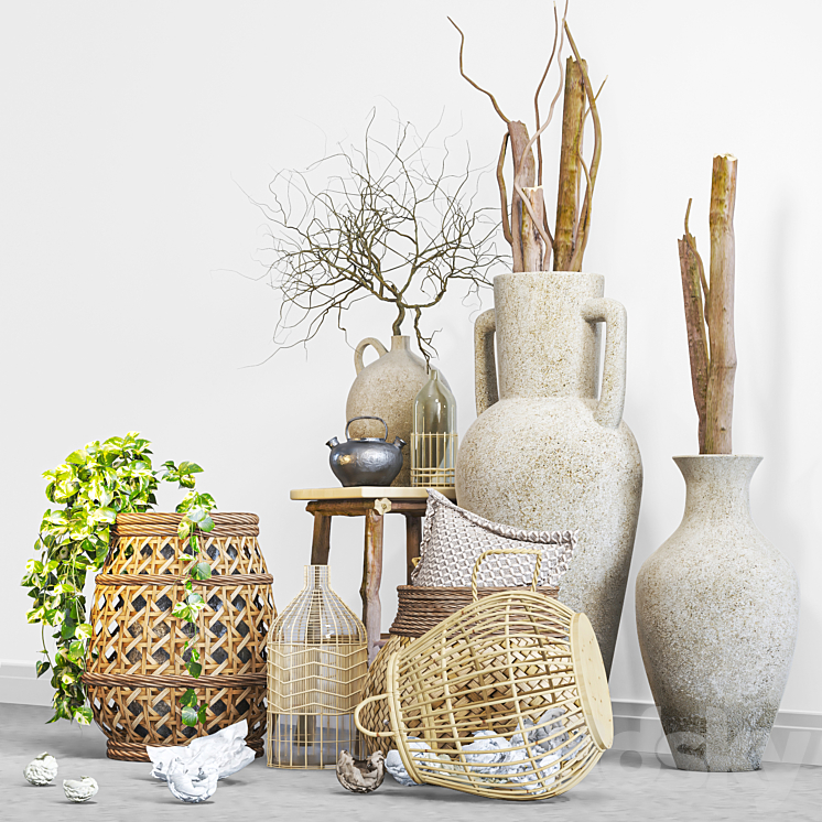 boho set with woven bamboo baskets 3DS Max Model - thumbnail 2