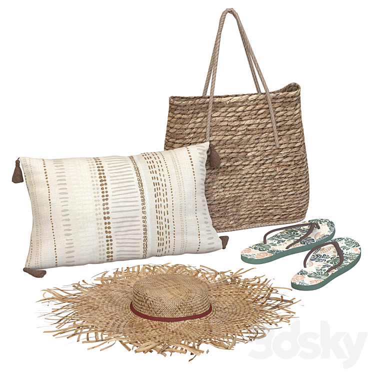 Boho style beach accessory set with hat and slippers 3DS Max Model - thumbnail 1