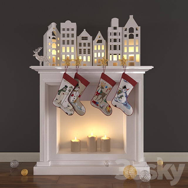 Christmas decoration with candles and fireplace 3DS Max Model - thumbnail 1