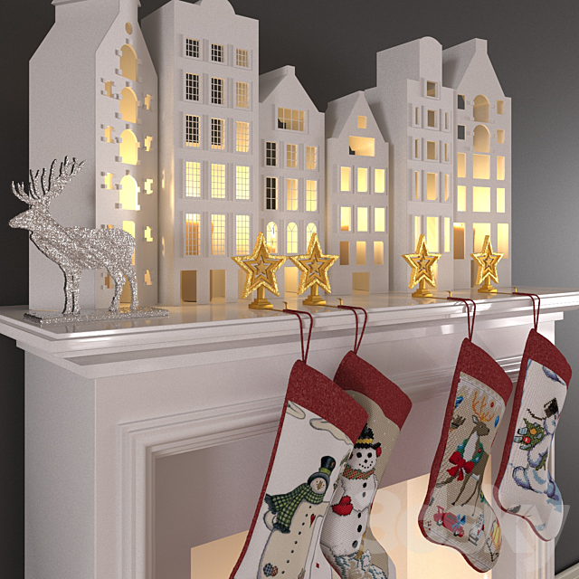 Christmas decoration with candles and fireplace 3DS Max Model - thumbnail 2