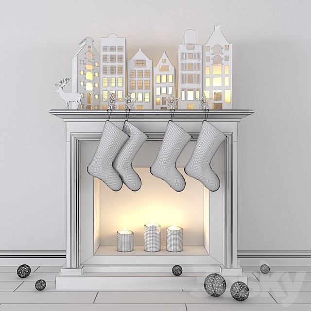 Christmas decoration with candles and fireplace 3DS Max Model - thumbnail 3