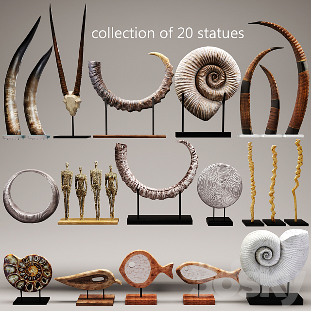 collection of 20 statues. figurine. wooden. eco design. set. collection. decor. mega set. ammonite. shell. fossil. figurine. decor. tusk. horn 3DSMax File - thumbnail 1