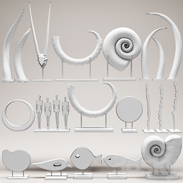 collection of 20 statues. figurine. wooden. eco design. set. collection. decor. mega set. ammonite. shell. fossil. figurine. decor. tusk. horn 3DSMax File - thumbnail 3