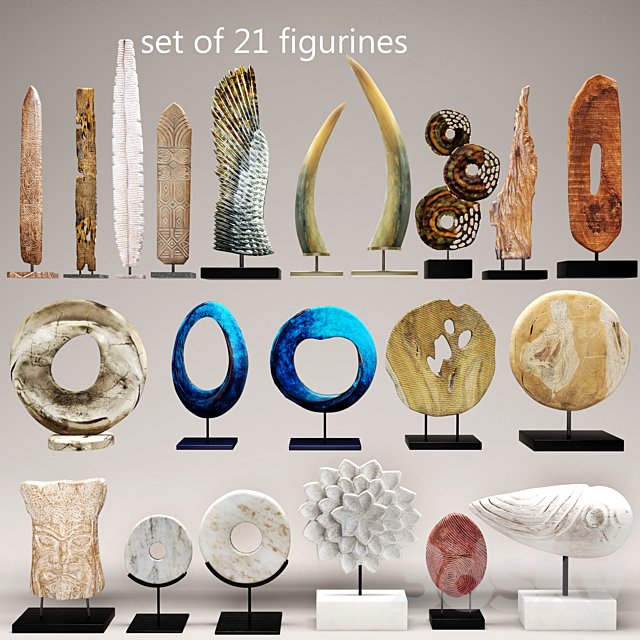 collection of 21 statues. figurine. wooden. eco design. set. collection. decor. tusk. wing. mega set 3DSMax File - thumbnail 1