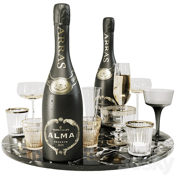 Collection of sparkling wine with crystal glasses and marble tray 3DS Max Model - thumbnail 1