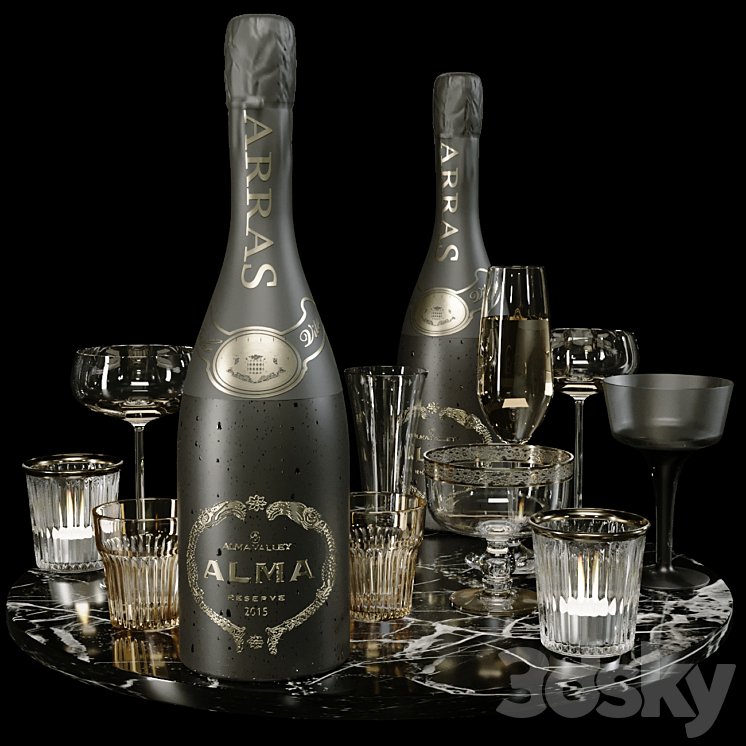 Collection of sparkling wine with crystal glasses and marble tray 3DS Max Model - thumbnail 2