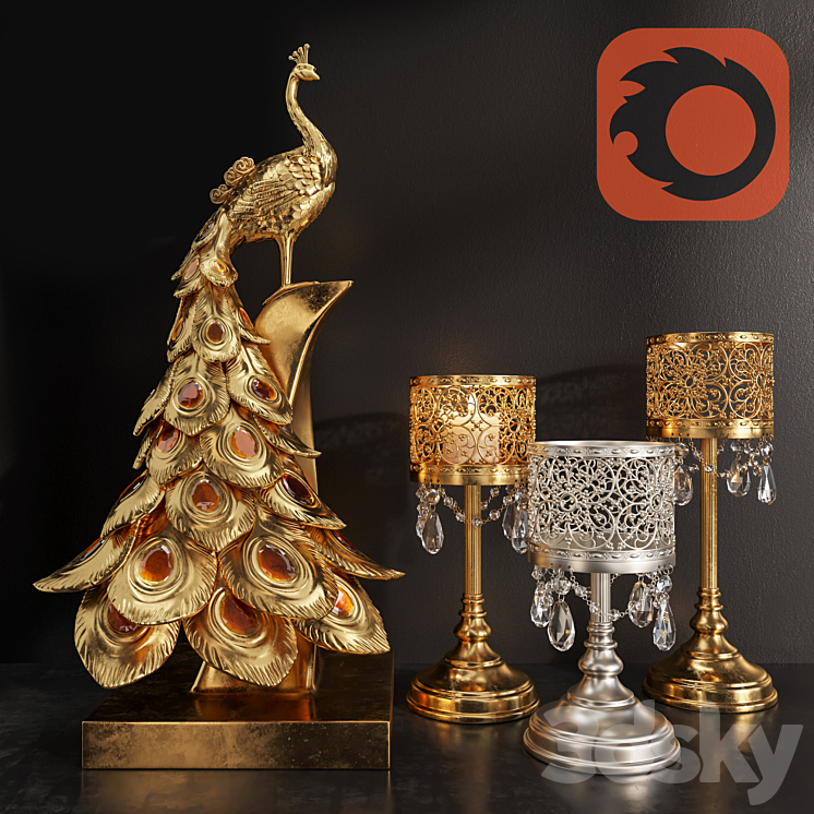 Decoration Set 25 Peacock and candles. 3DS Max Model - thumbnail 1