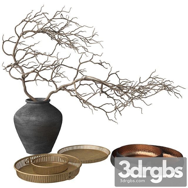 Decorative set Rustic set – vase branch copper bowl and brass tray 3dsmax Download - thumbnail 1