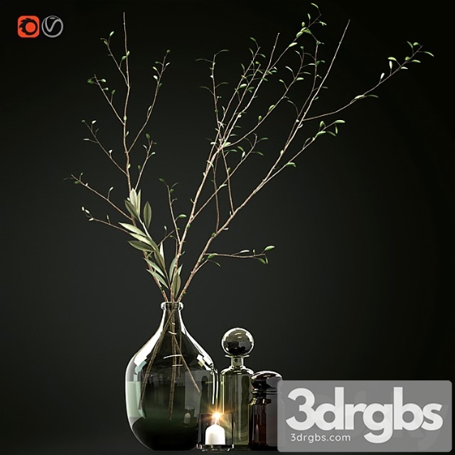 Decorative set with branches and glass bottles 3dsmax Download - thumbnail 1