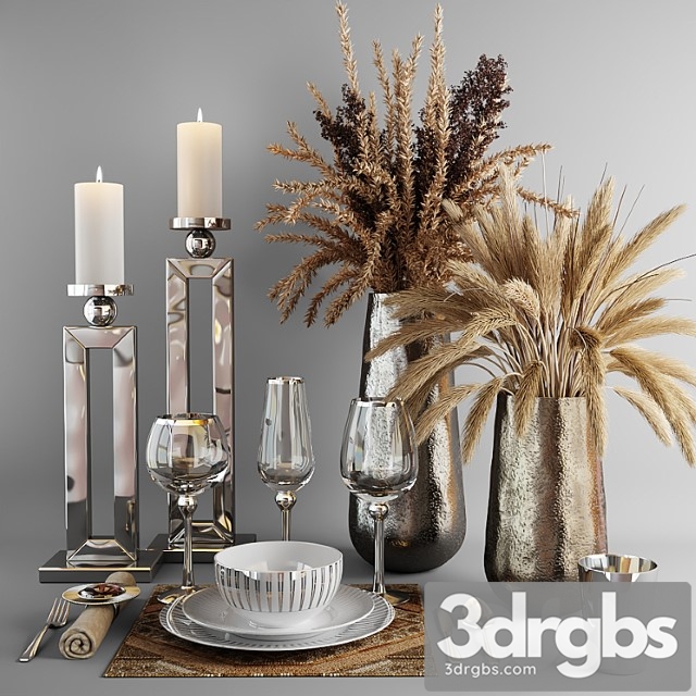 Decorative set with dishes and bouquets of dry grass 3dsmax Download - thumbnail 1