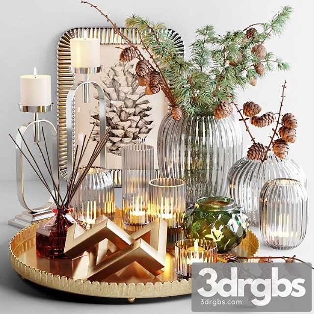 Decorative set with larch branch and candles 3dsmax Download - thumbnail 1