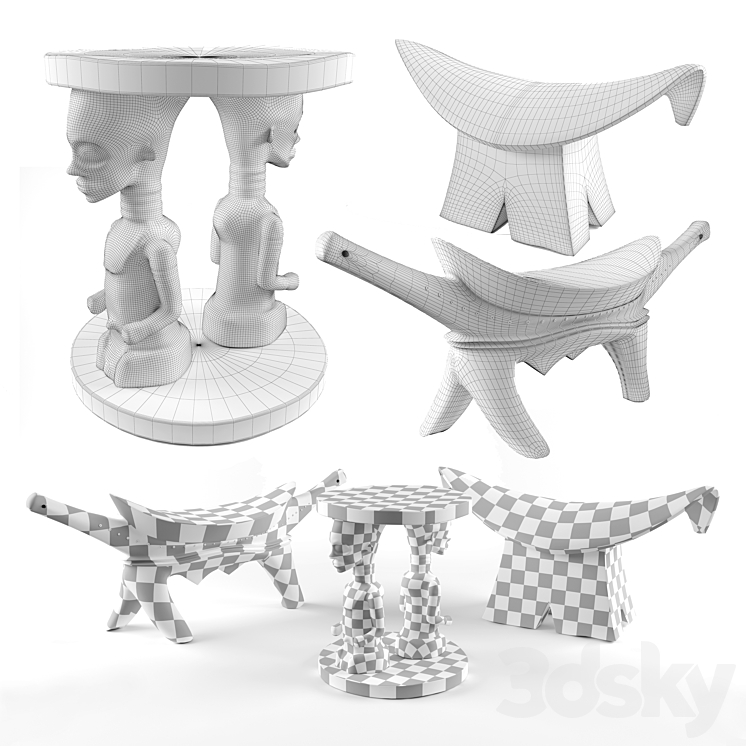 Dinka stool set 3DS Max Model - thumbnail 2