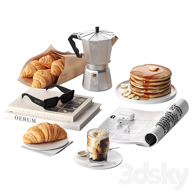 French breakfast with coffee and croissant 3ds Max - thumbnail 1