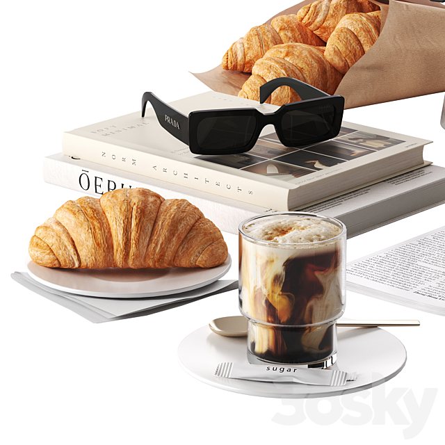 French breakfast with coffee and croissant 3ds Max - thumbnail 2