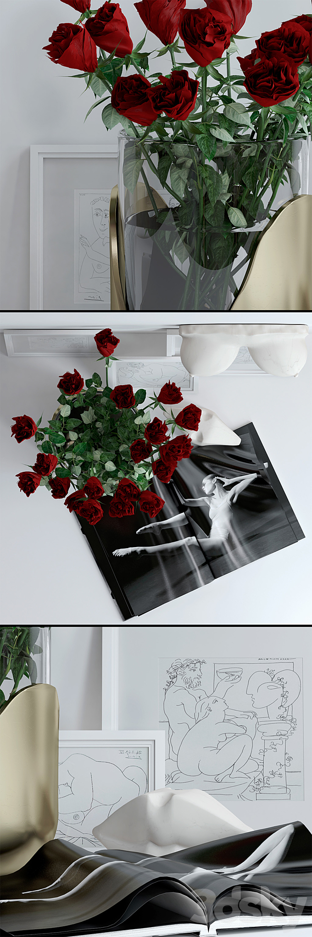 Set with roses marble bust and lips 3DS Max Model - thumbnail 2