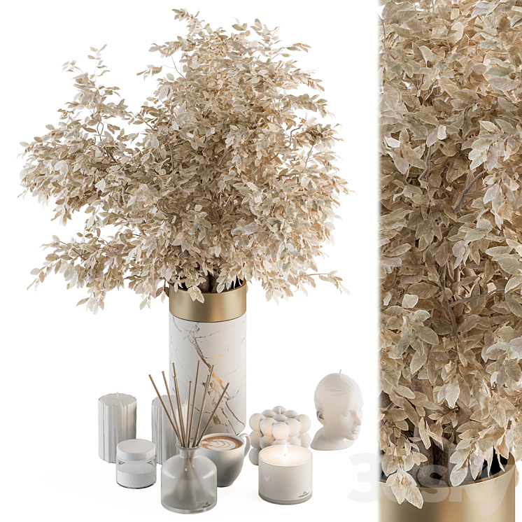 white and Gold Decorative Set with Dried plant – Set 106 3DS Max Model - thumbnail 1