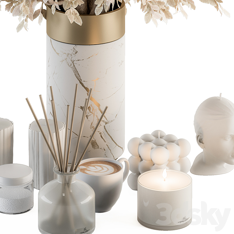 white and Gold Decorative Set with Dried plant – Set 106 3DS Max Model - thumbnail 2