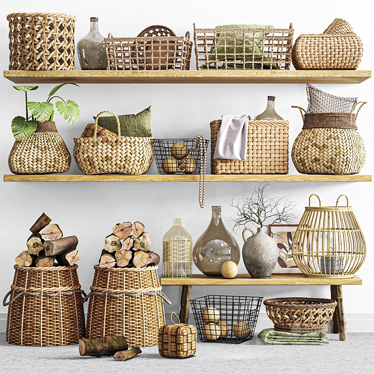 Wicker baskets set in boho style 3DS Max Model - thumbnail 1