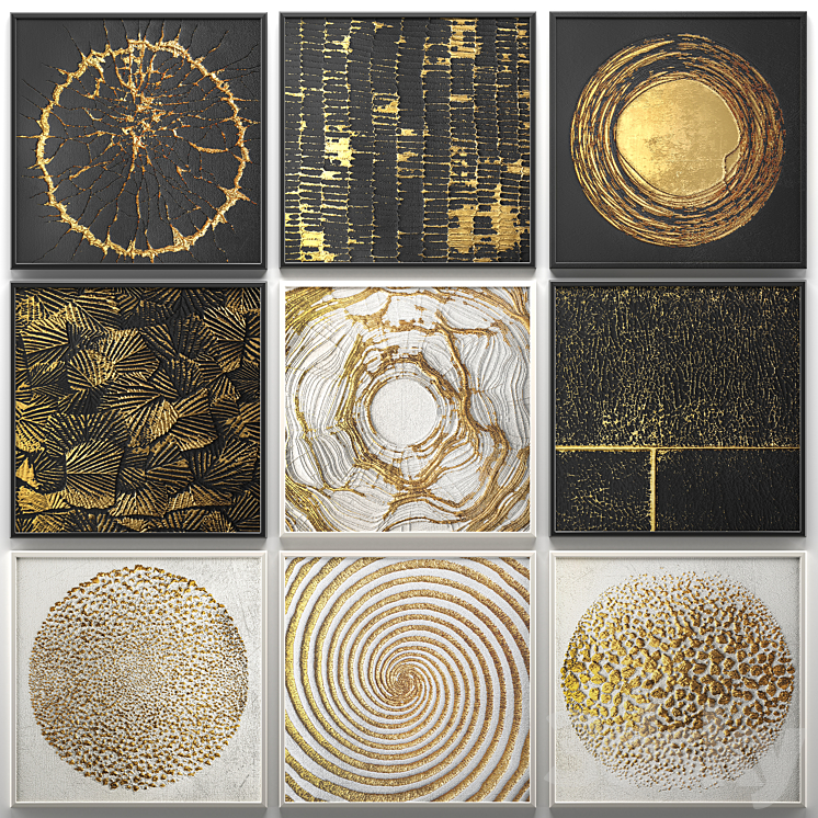 A collection of decorative paintings. Gold. 2 wall decor a set of paintings luxury panels gold white black set decorative abstraction pattern 3DS Max - thumbnail 1