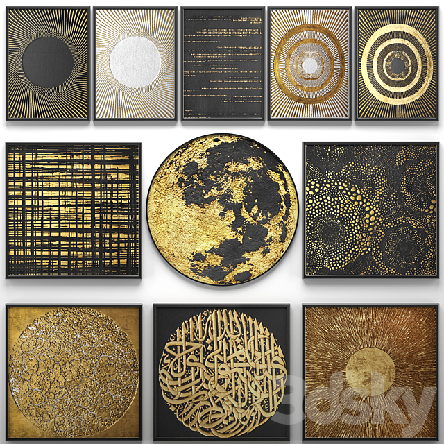 A collection of paintings. Gold. 14. wall decor a set of paintings luxury murals metal set decorative abstraction pattern loft industrial style gold 3ds Max - thumbnail 1