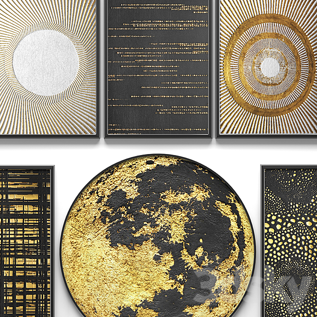 A collection of paintings. Gold. 14. wall decor a set of paintings luxury murals metal set decorative abstraction pattern loft industrial style gold 3ds Max - thumbnail 2