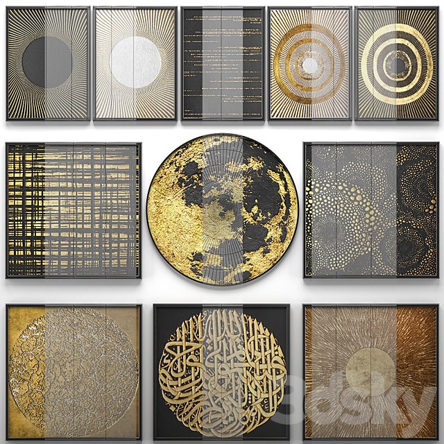 A collection of paintings. Gold. 14. wall decor a set of paintings luxury murals metal set decorative abstraction pattern loft industrial style gold 3ds Max - thumbnail 3