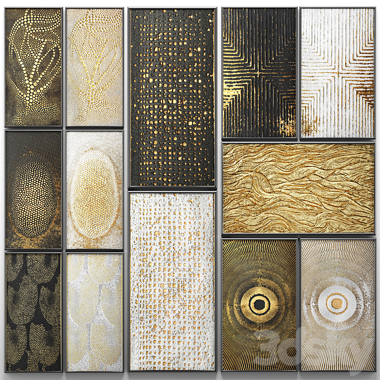 A collection of paintings. Gold. 3. wall decor a set of paintings luxury panels gold white black set decorative abstraction pattern 3DS Max - thumbnail 1