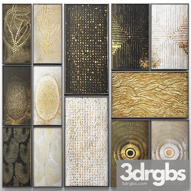 A collection of paintings. gold. 3. wall decor a set of paintings luxury panels gold white black set decorative abstraction pattern 3dsmax Download - thumbnail 1