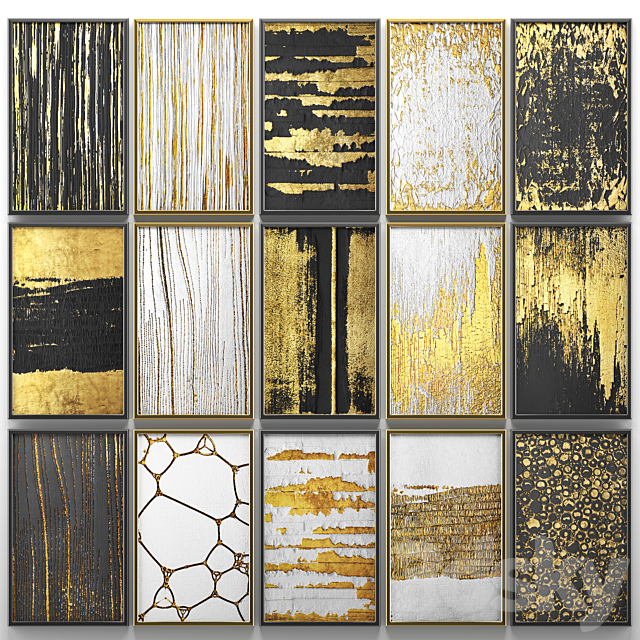 A collection of paintings. Gold. 6. wall decor a set of paintings luxury panels gold white black set decorative abstraction pattern 3ds Max - thumbnail 1